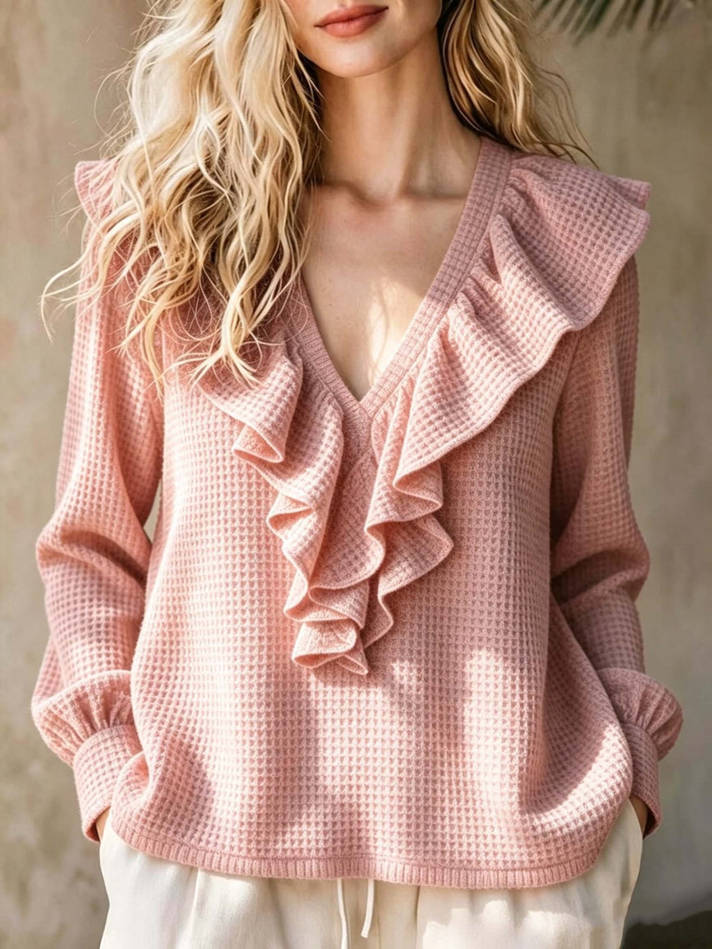 Waffle-Knit V-Neck Top - Soft and Feminine