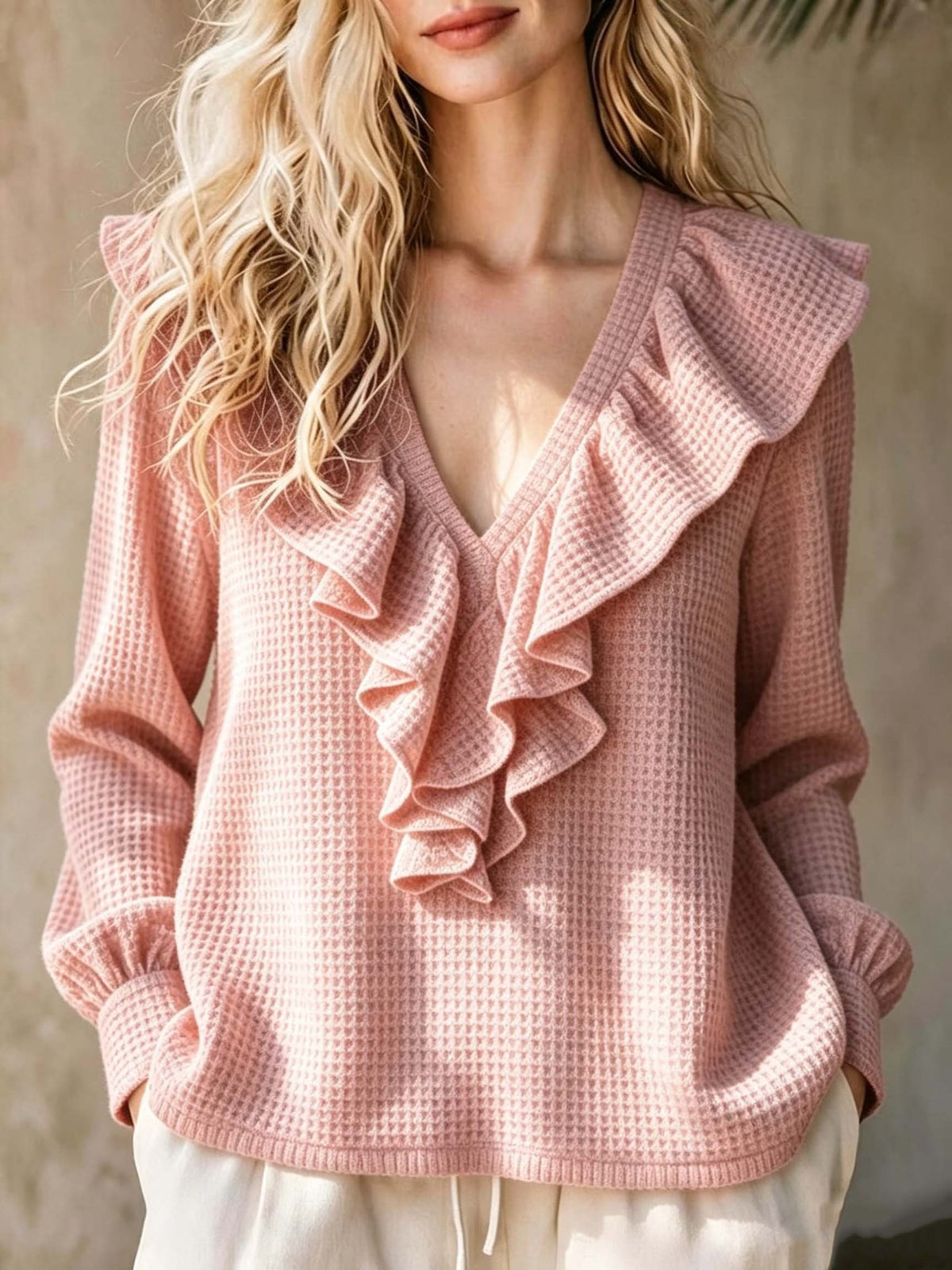 Waffle-Knit V-Neck Top - Soft and Feminine