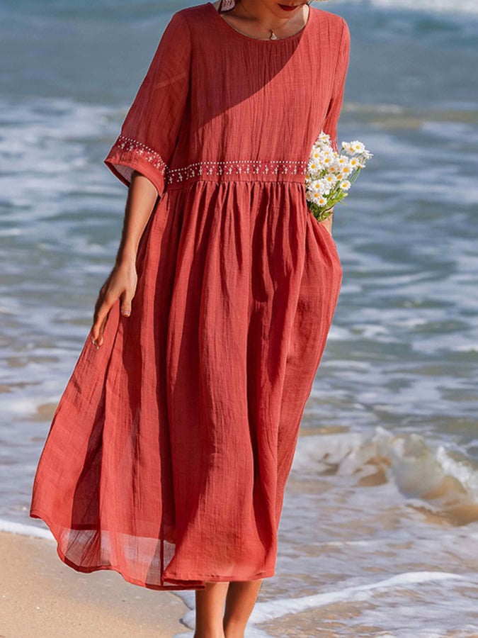 Women’s Embroidered Linen Maxi Dress – Casual White Summer Beachwear