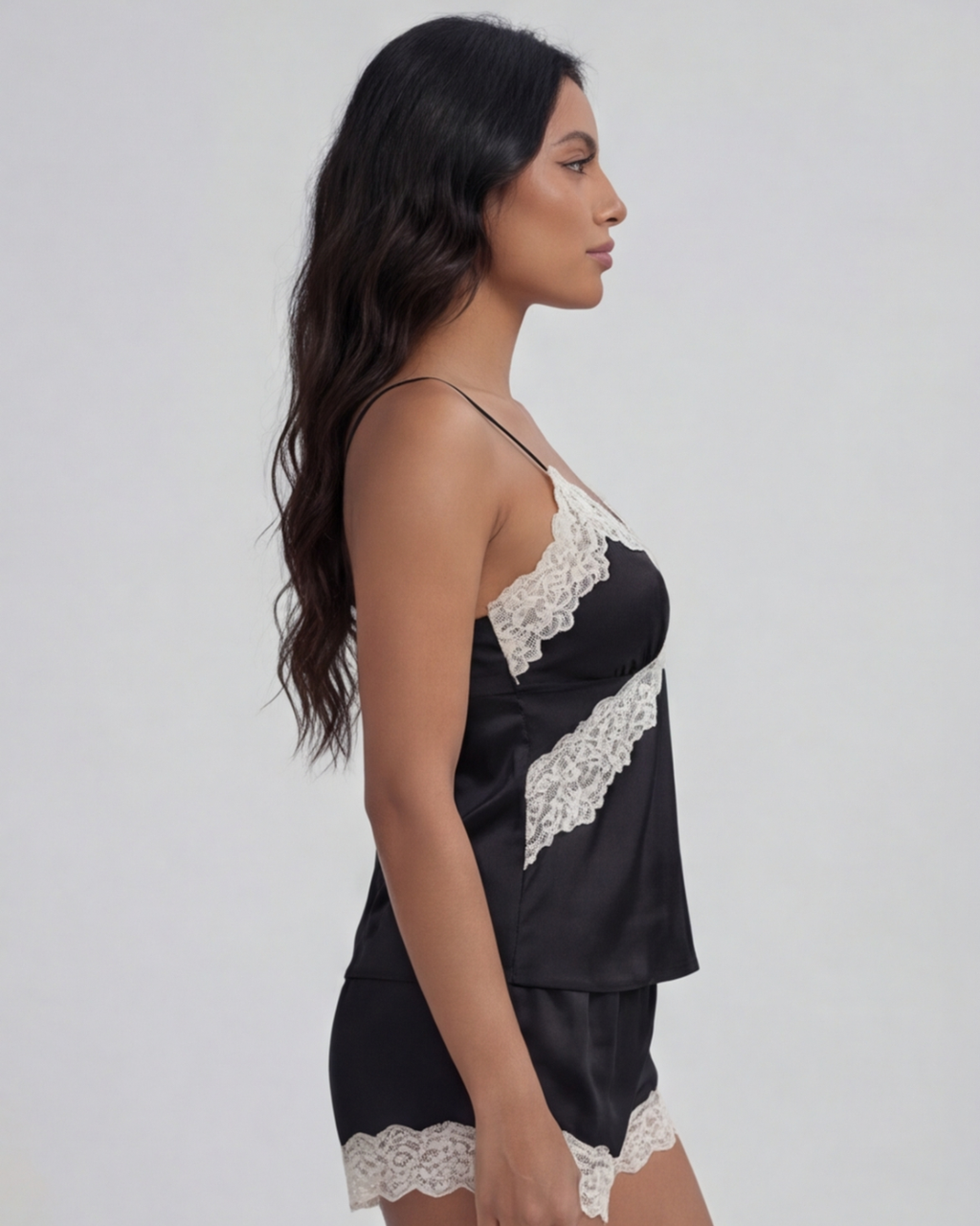 Women’s Stylish Satin Pajama Two-Piece Set – Lace Trim Cami Top and Shorts Sleepwear
