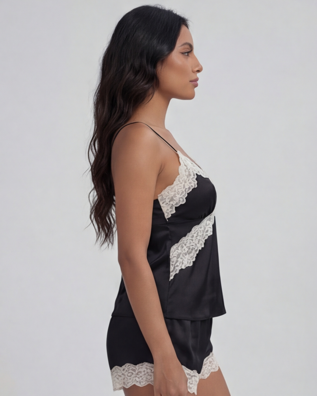 Women’s Stylish Satin Pajama Two-Piece Set – Lace Trim Cami Top and Shorts Sleepwear