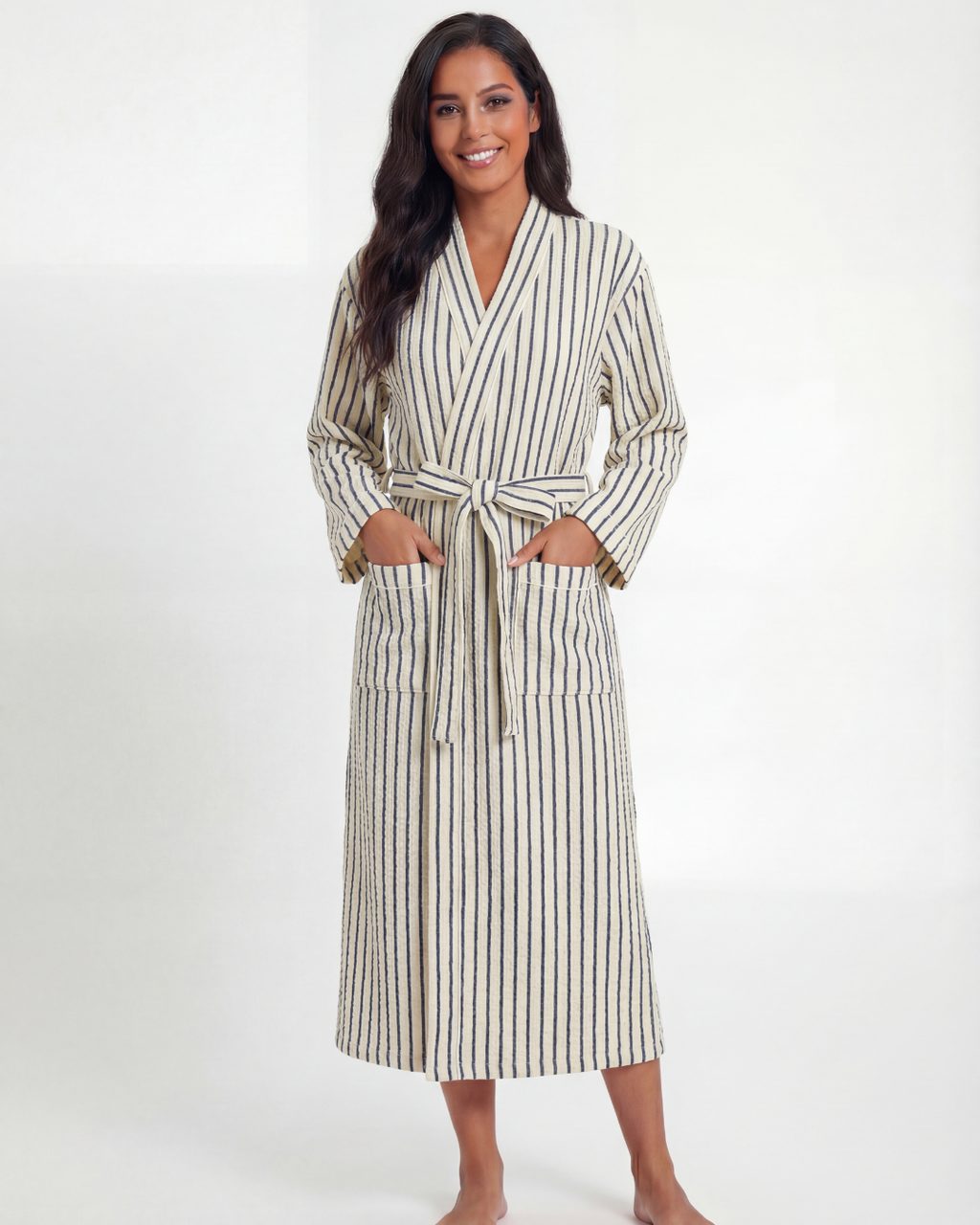 Women’s Luxury Comfort Long Robe – Elegant Pinstripe Bathrobe