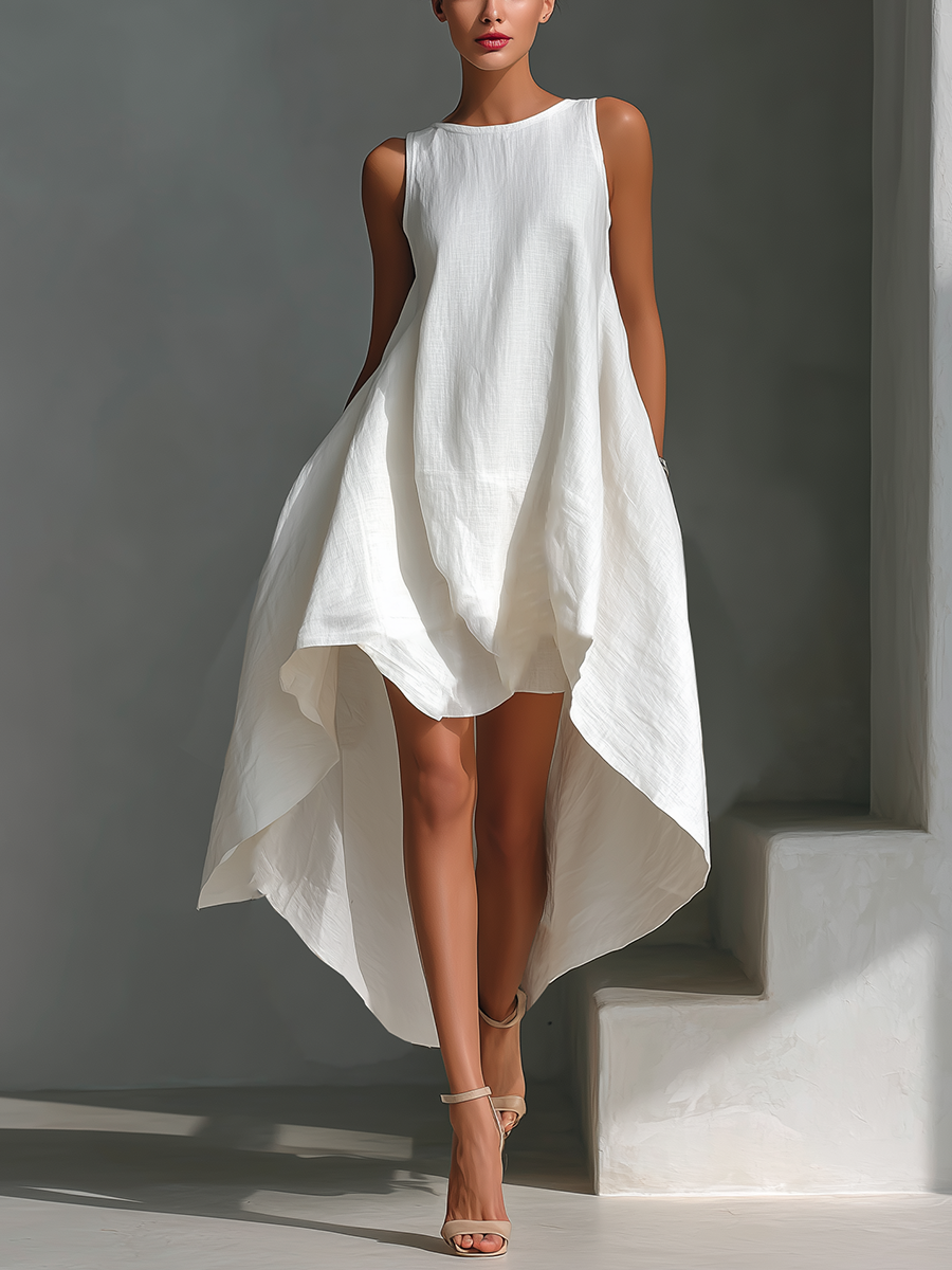Women's Sleeveless Midi Linen Dress - Round Neck Asymmetric Hem