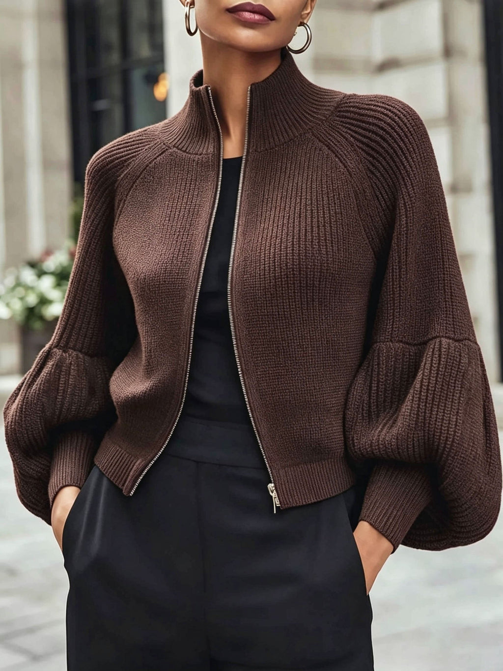 Women’s Zip-Up Puff-Sleeve Cardigan – Modern Cozy Layer