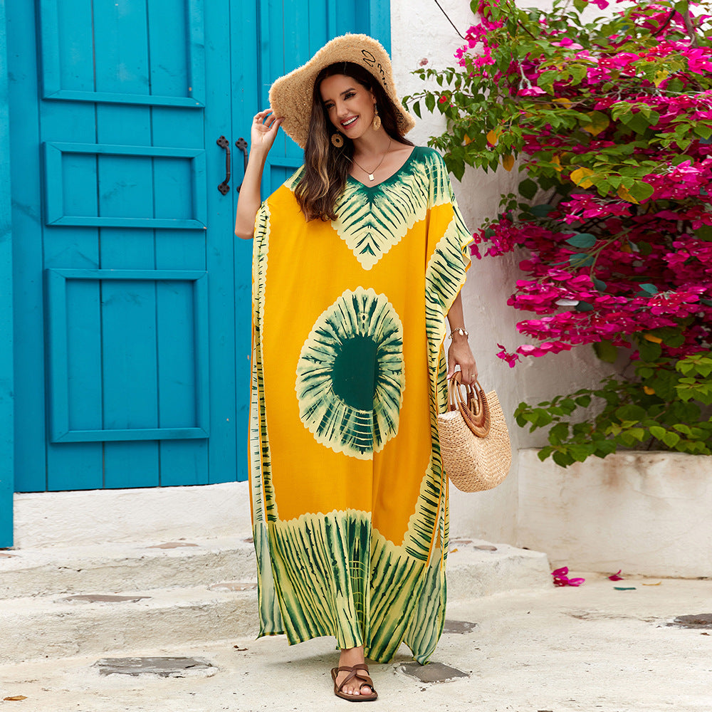 Women's Printed V-Neck Maxi Holiday Dress - Relaxed One Size Daywear
