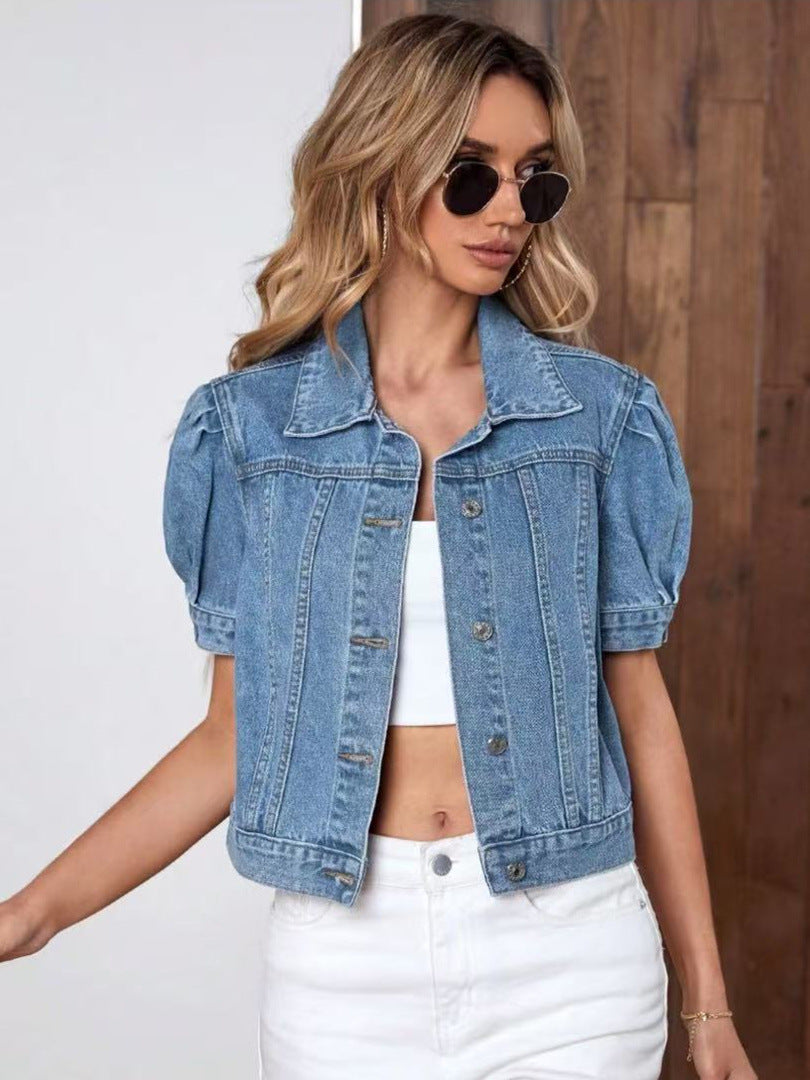 Women's Retro Denim Puff-Sleeve Jacket – Casual Statement Layer