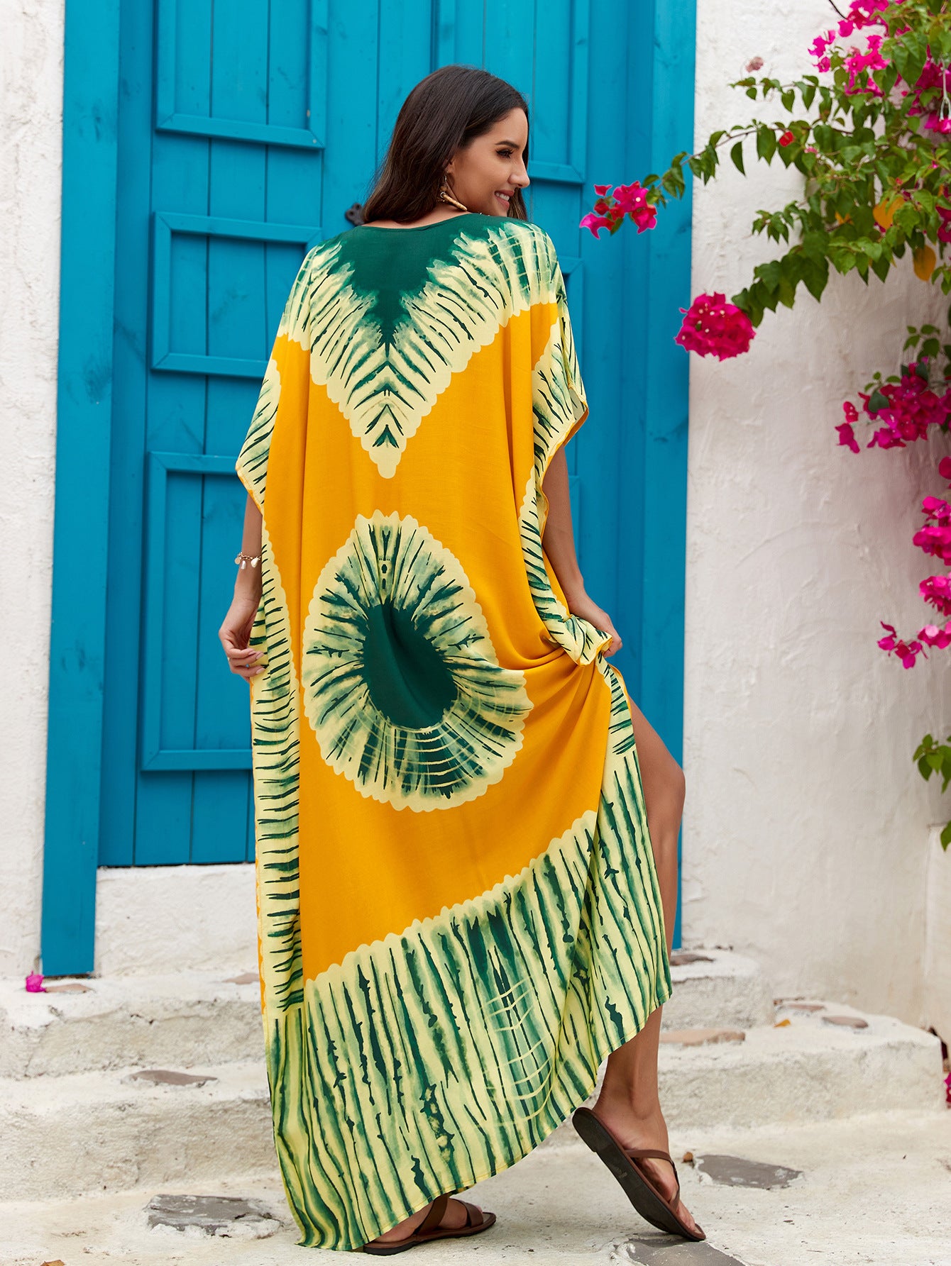 Women's Printed V-Neck Maxi Holiday Dress - Relaxed One Size Daywear