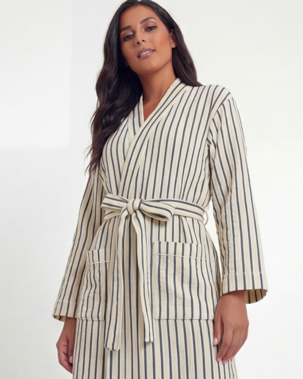 Women’s Luxury Comfort Long Robe – Elegant Pinstripe Bathrobe