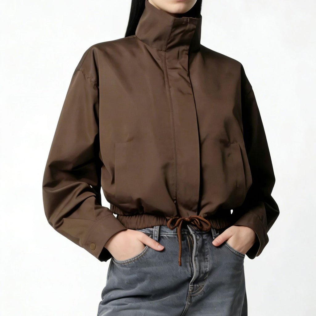 Women's Stand Collar Trench Jacket - Minimal Long Sleeve Everyday Layer