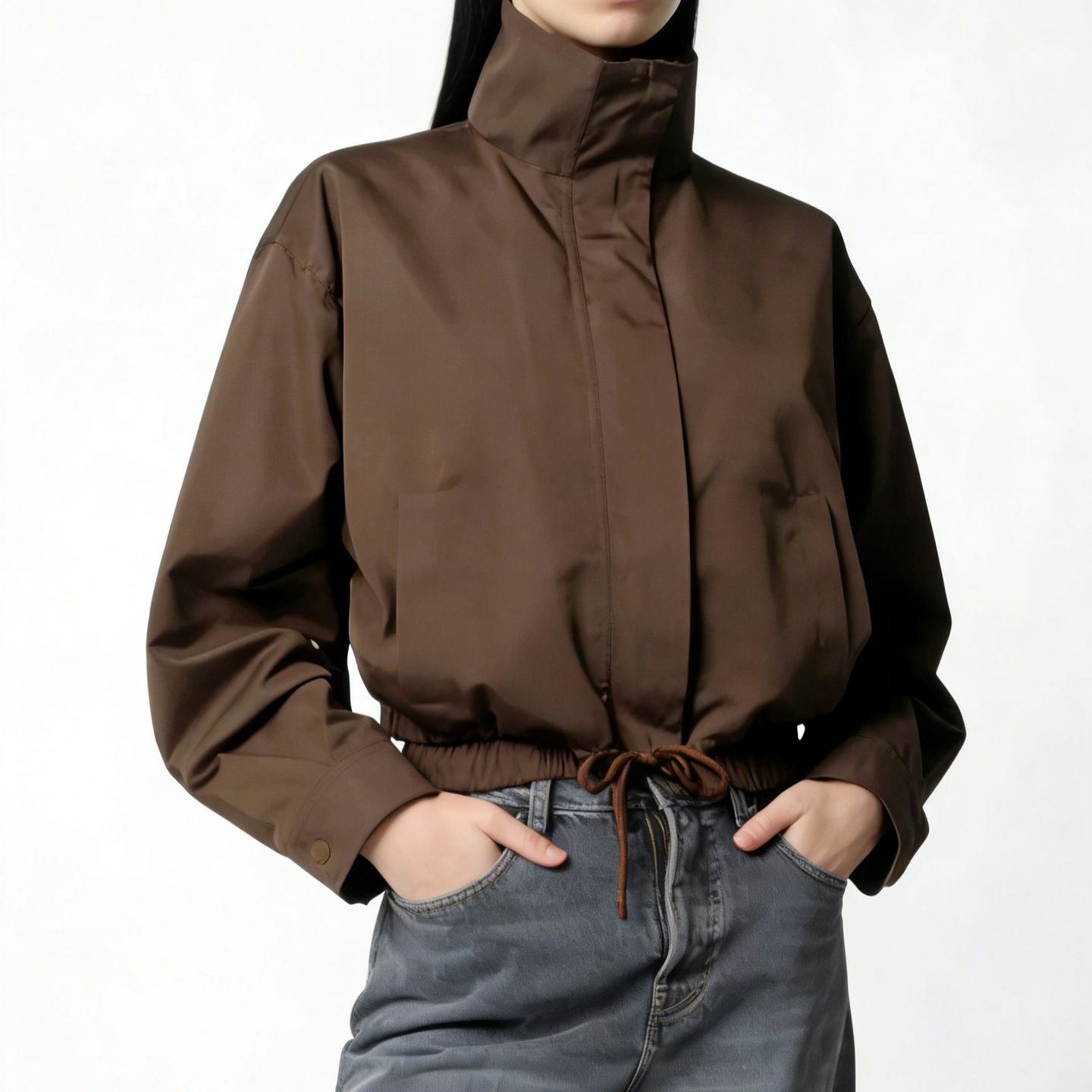 Women's Stand Collar Trench Jacket - Minimal Long Sleeve Everyday Layer