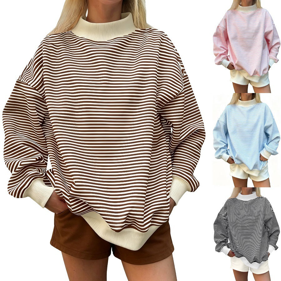 Women's Striped Crew Neck Sweater - Casual Relaxed Long Sleeve Knit