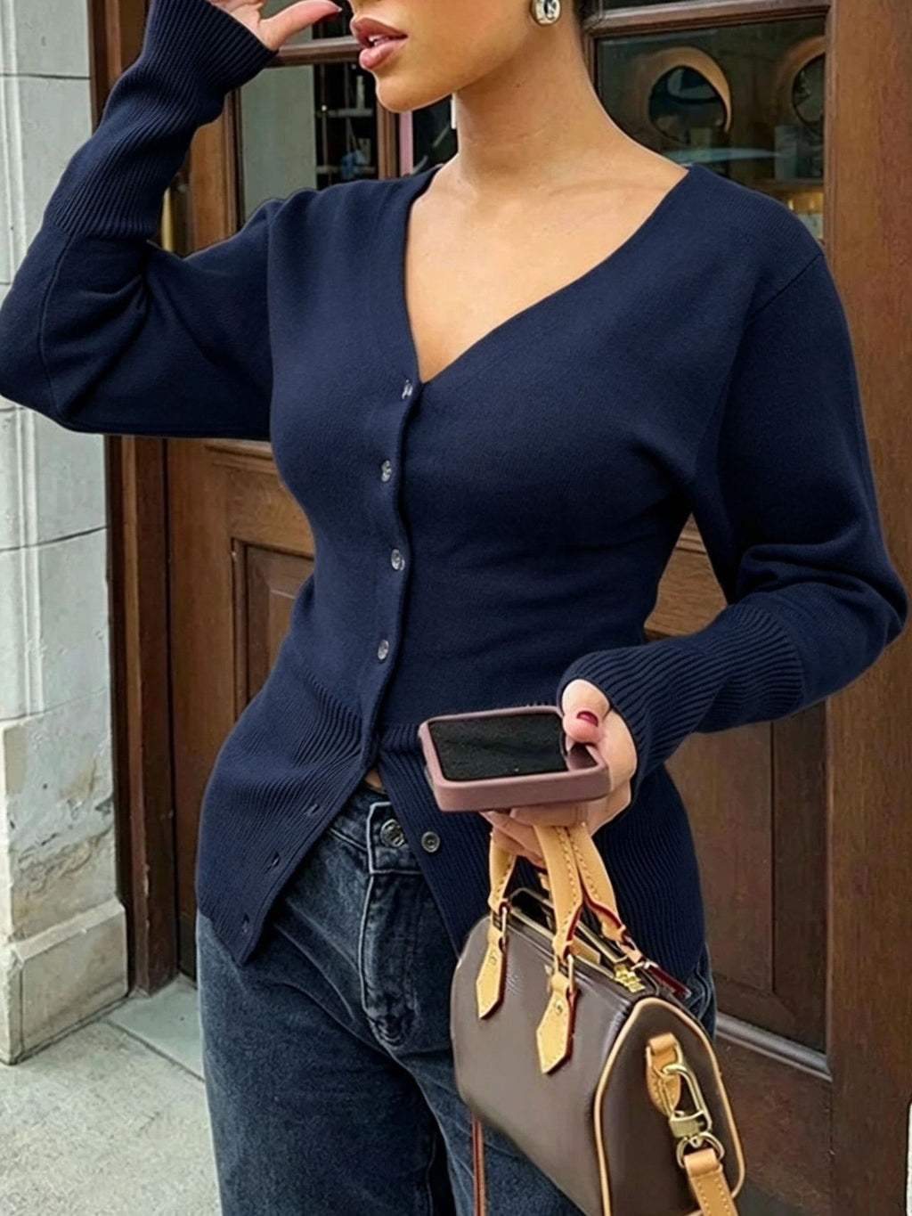 Slim-Fit V-Neck Knit Top - Soft and Shaped