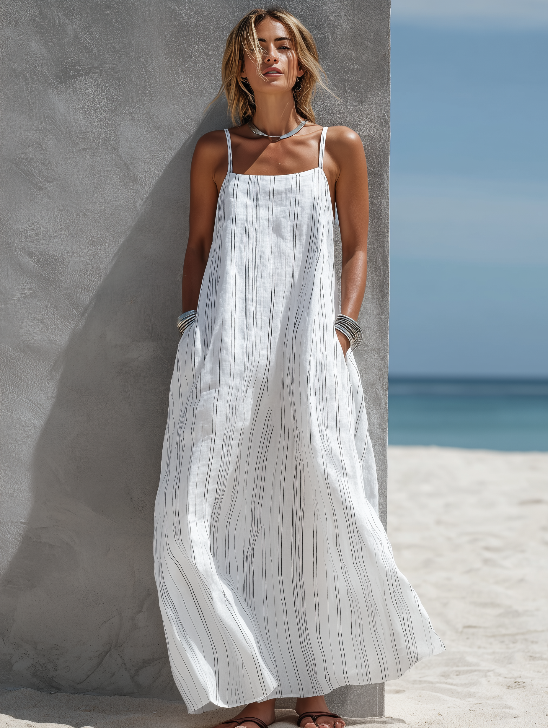 Women's Striped Sleeveless Maxi Dress - Relaxed Woven Summer Style