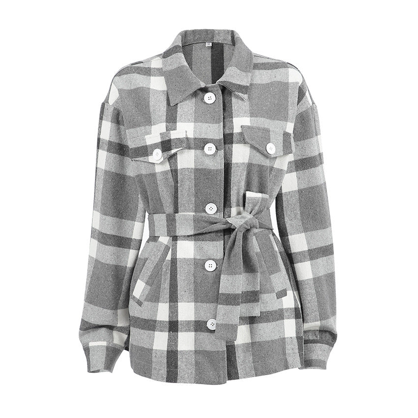 Women's Plaid Tie Front Jacket - Cozy Casual Statement Layer