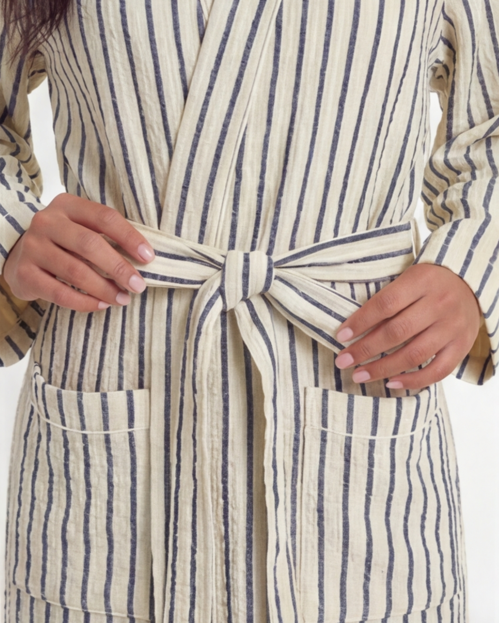 Women’s Luxury Comfort Long Robe – Elegant Pinstripe Bathrobe