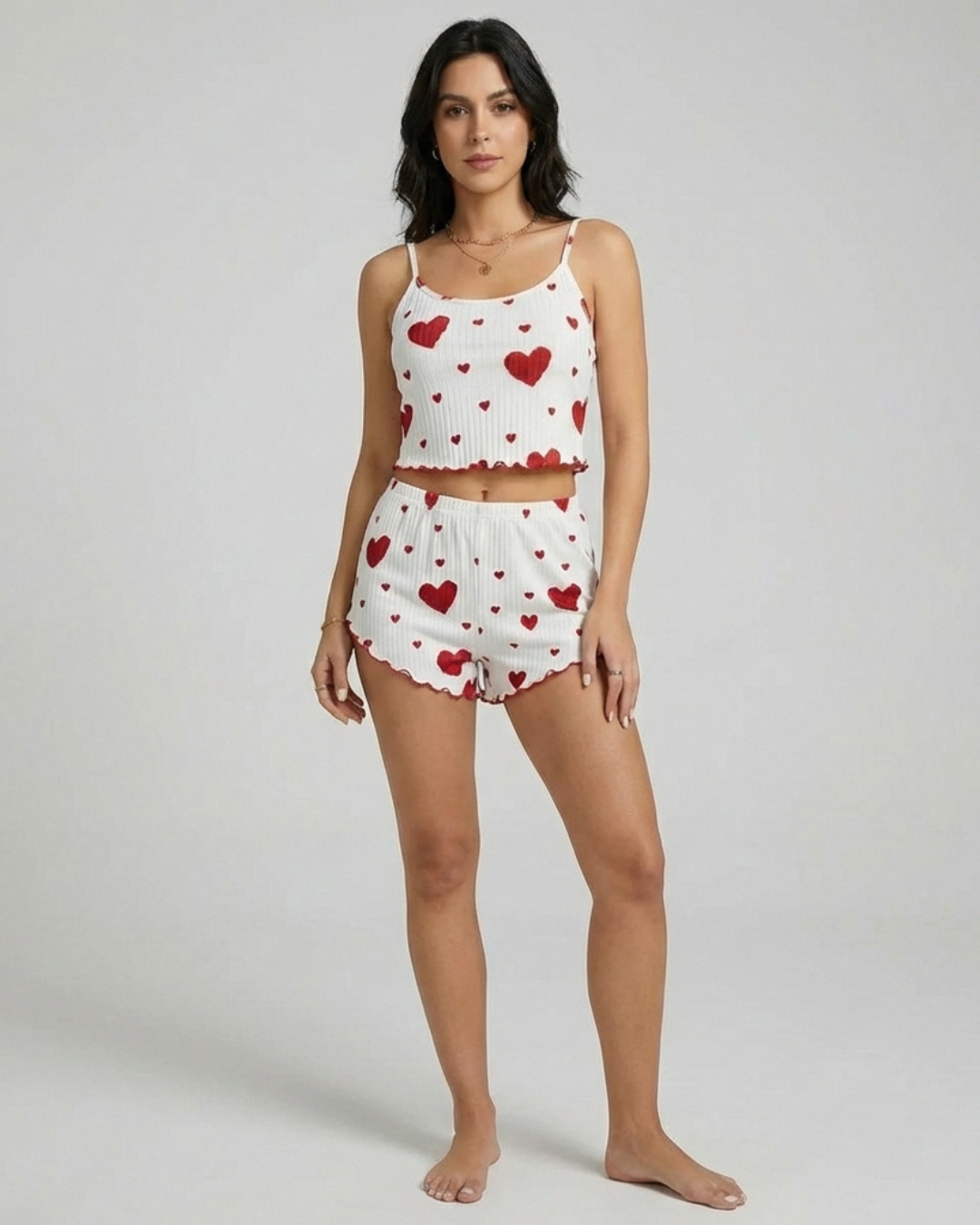 Women’s Stylish 2-Piece Heart Print Pajama Set – Comfy Top and Shorts Sleepwear