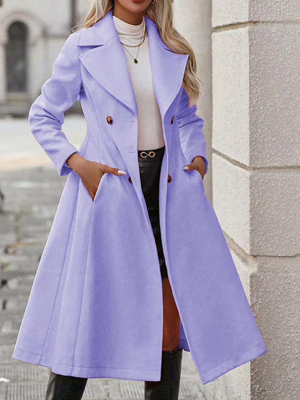 Women's Long Trench Coat - Double-Breasted Casual Outerwear