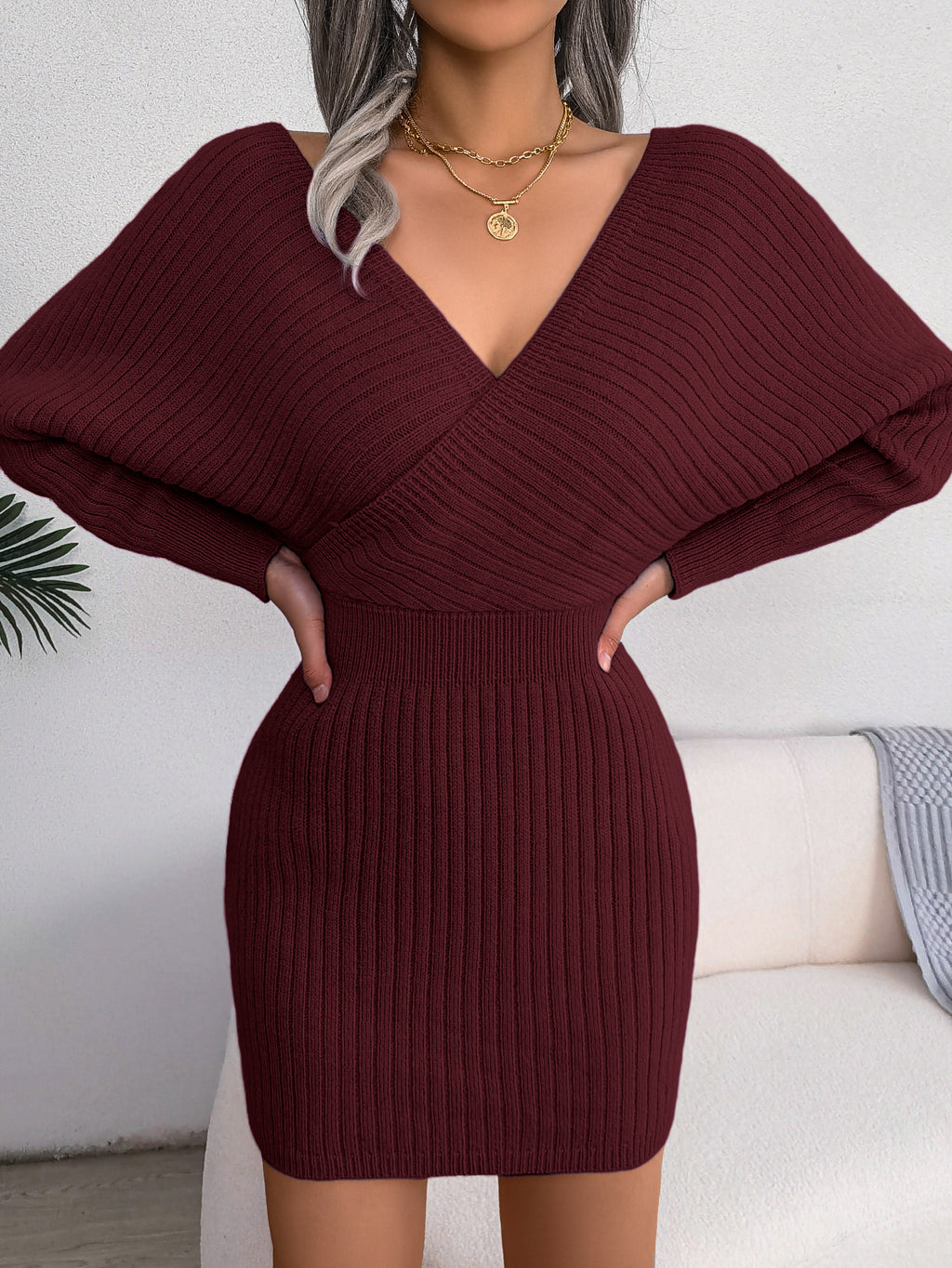 Women's Mini Sweater Dress - Cross V-Neck Batwing Sleeve Bodycon Knit
