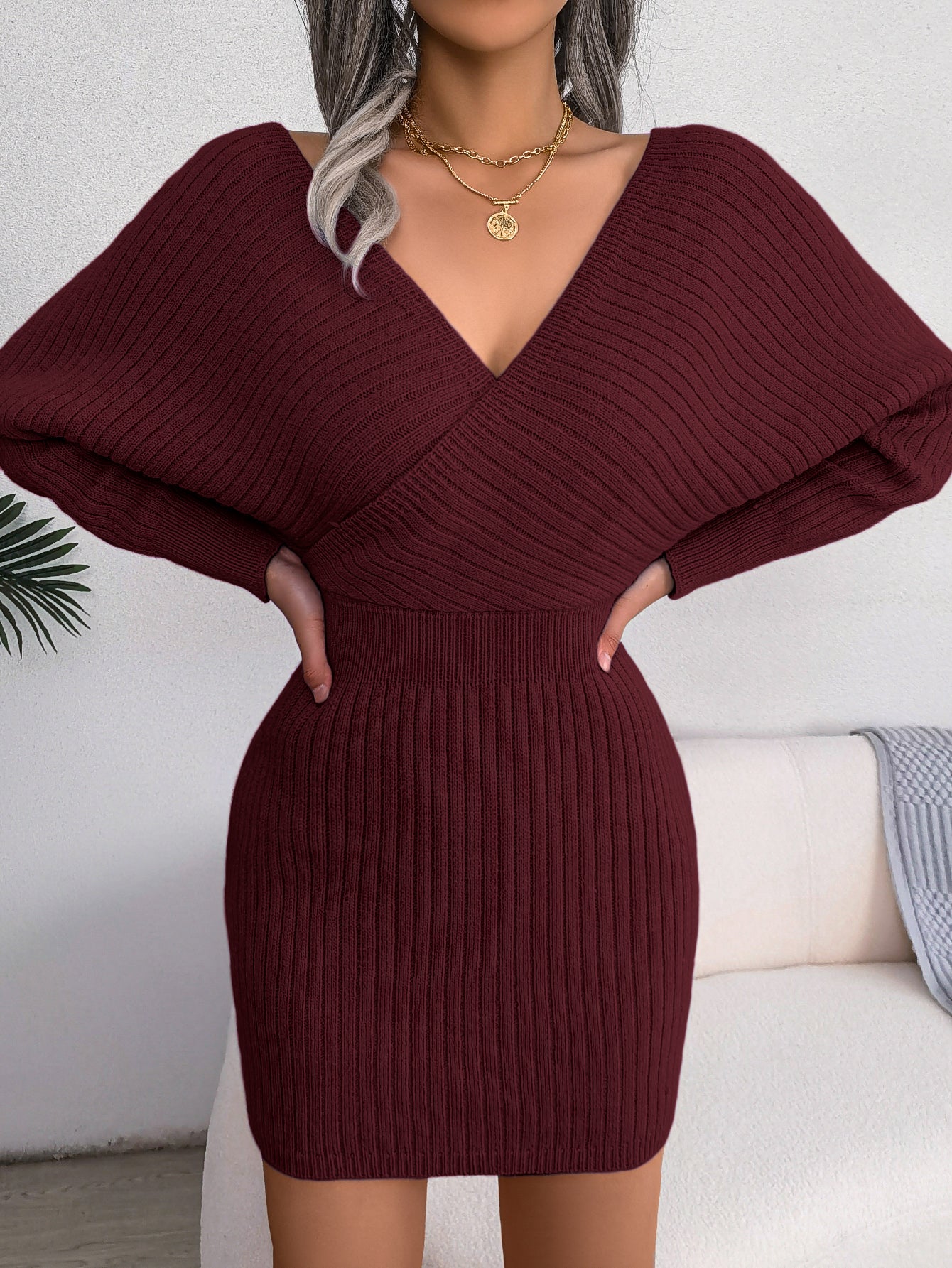 Women's Mini Sweater Dress - Cross V-Neck Batwing Sleeve Bodycon Knit