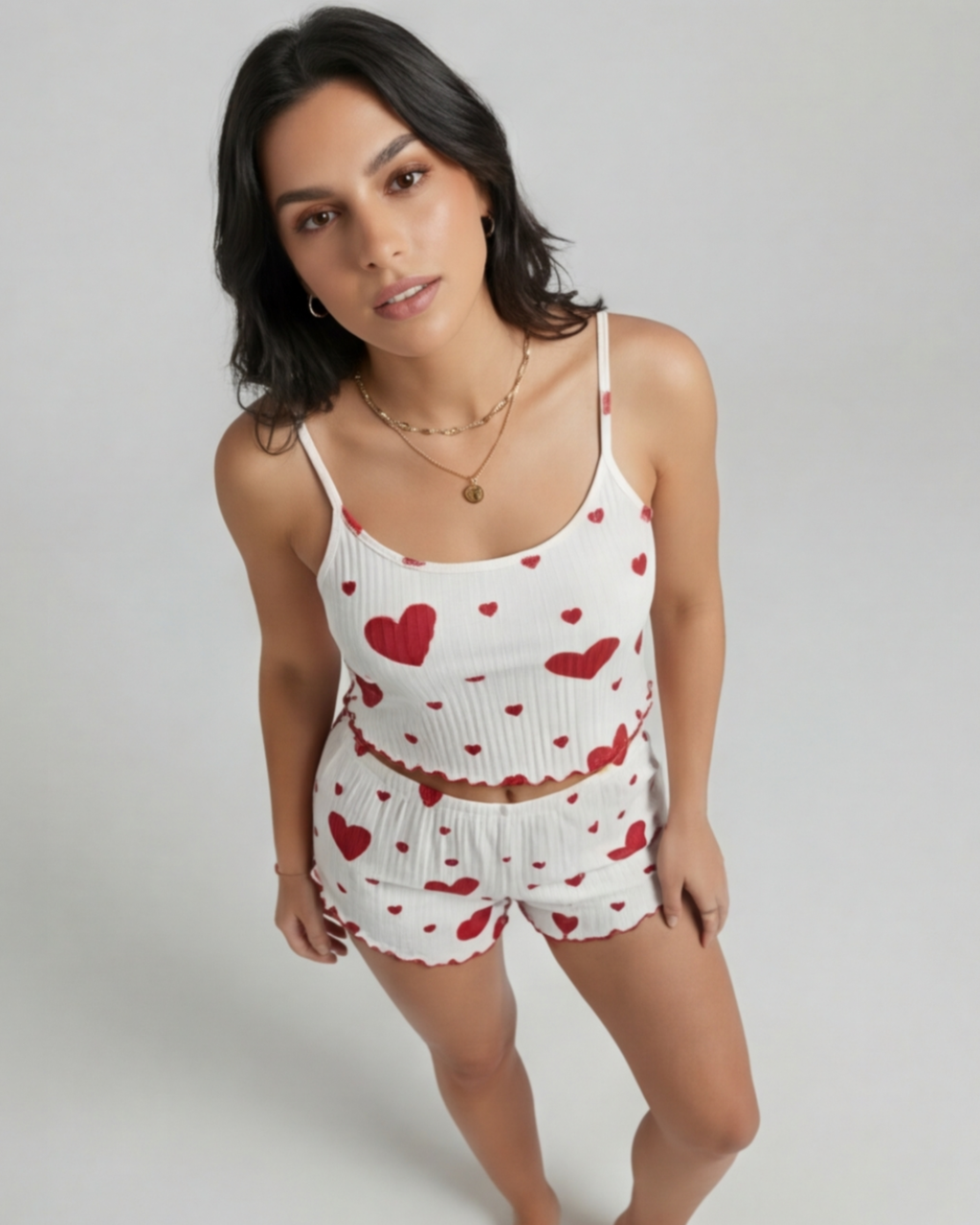 Women’s Stylish 2-Piece Heart Print Pajama Set – Comfy Top and Shorts Sleepwear