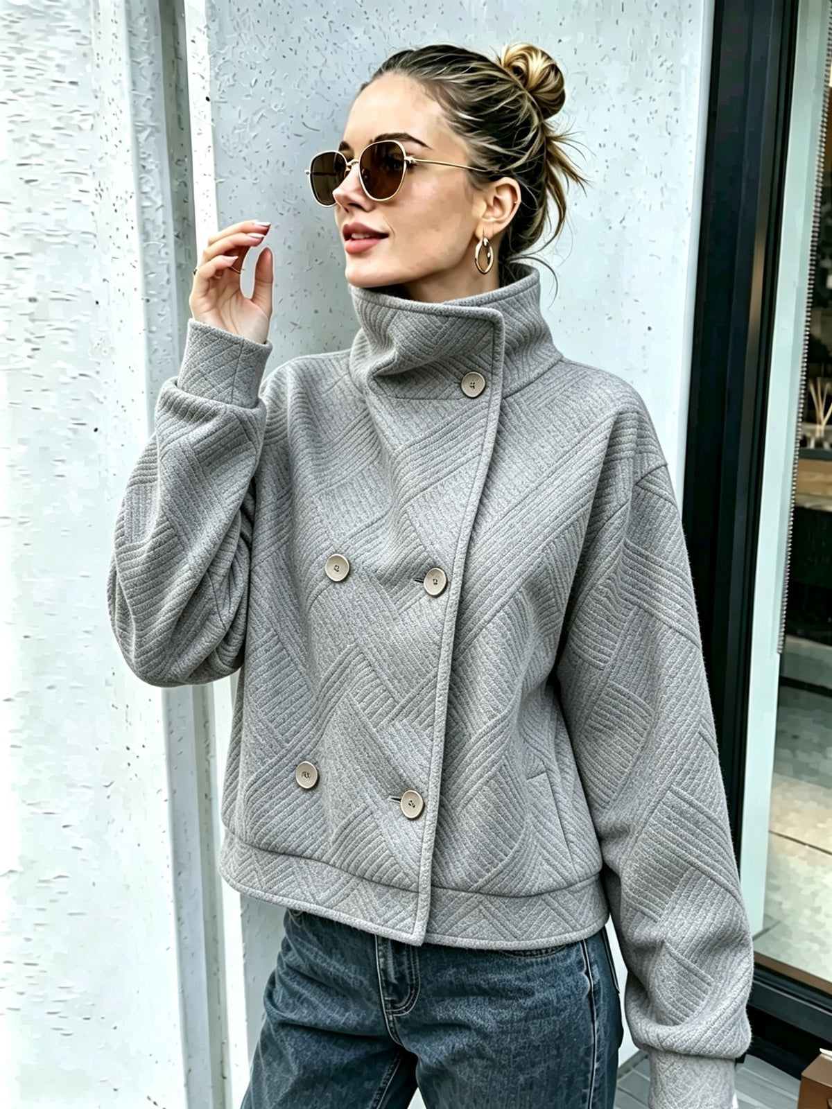 Buttoned Turtleneck Lapel Coat - Warm and Polished