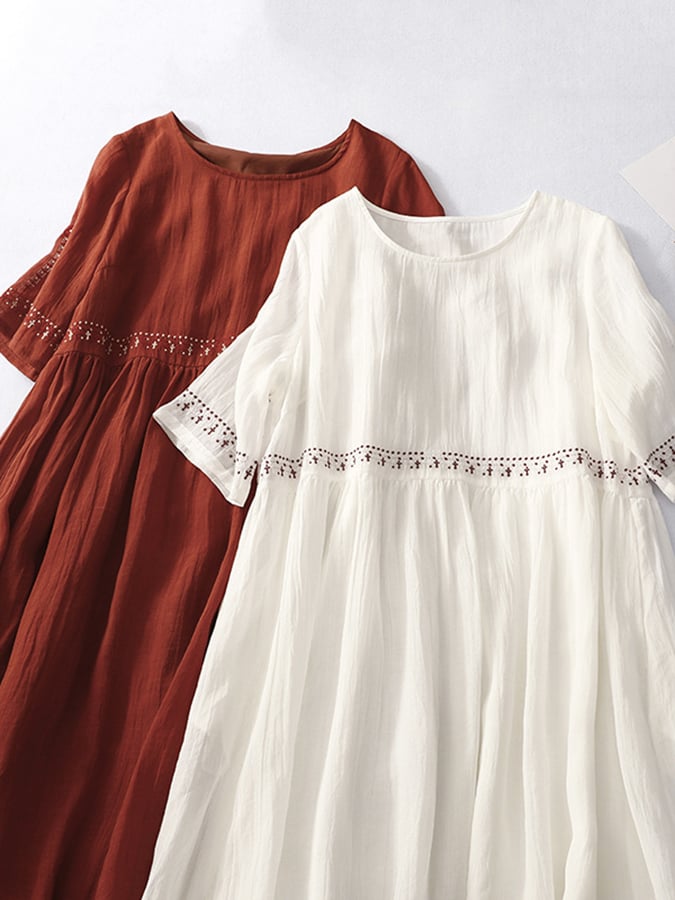 Women’s Embroidered Linen Maxi Dress – Casual White Summer Beachwear