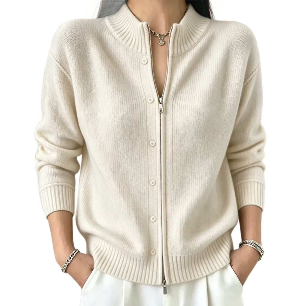 Zip-Up Crewneck Knit Sweater - Soft and Modern