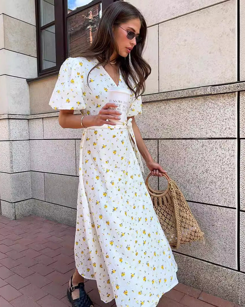 Women's Floral Tie-Front Maxi Dress – Elegant V-Neck Summer Dress