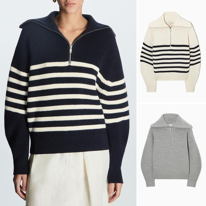 Women’s Half-Zip Striped Sweater – Long Sleeve Cozy Casual Autumn Winter Style
