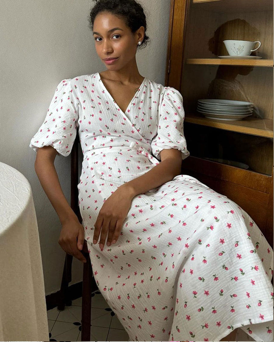 Women's Floral Tie-Front Maxi Dress – Elegant V-Neck Summer Dress
