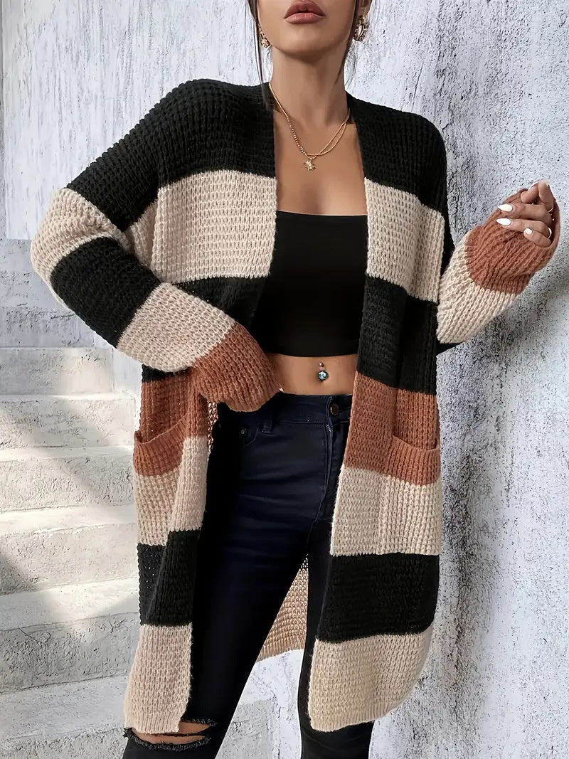 Women’s Loose-Fit Striped Long Sleeve Cardigan – Cozy Casual Style in Three Colors