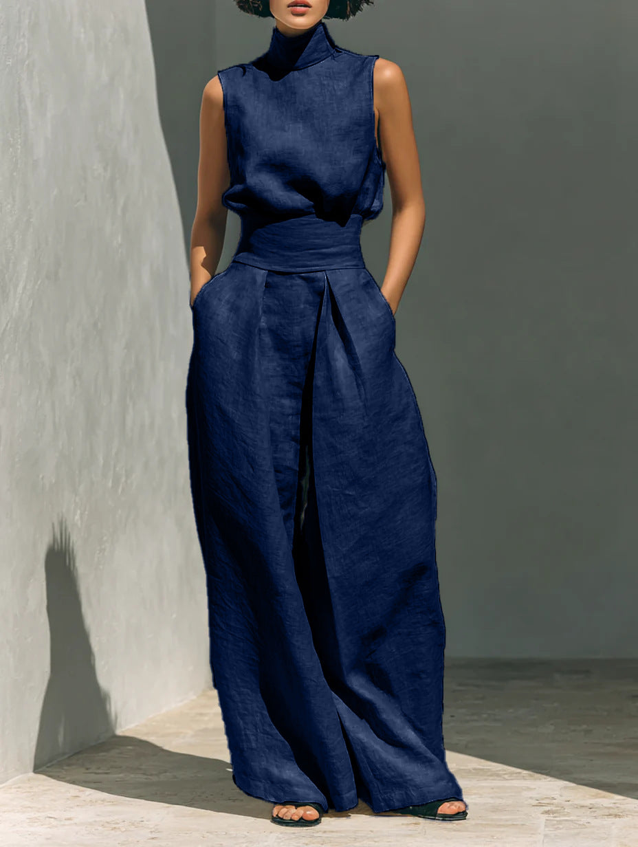 Women’s Sleeveless Two-Piece Set – Stand Collar Top & Straight-Leg Trousers Summer Casual Style