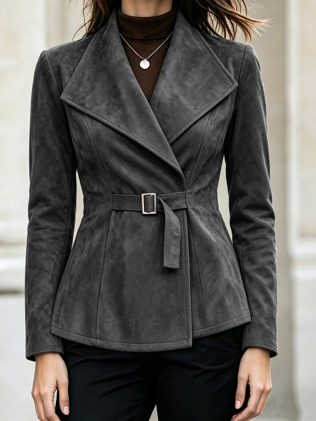 Women’s Faux Suede Lapel Coat – Elegant Long Sleeve Outerwear