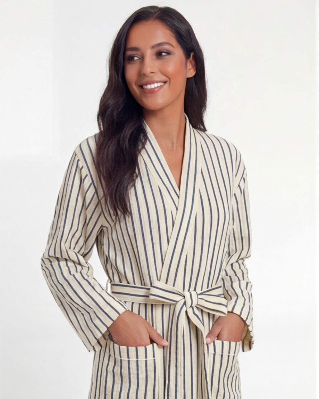 Women’s Luxury Comfort Long Robe – Elegant Pinstripe Bathrobe