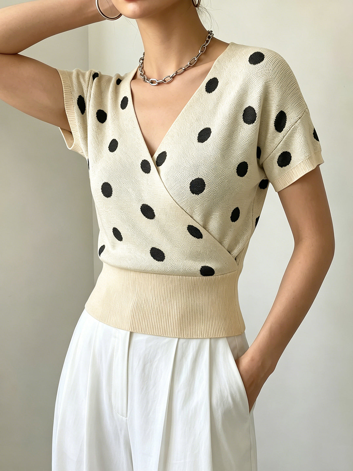 Polka-Dot V-Neck Knit Top - Light and Feminine