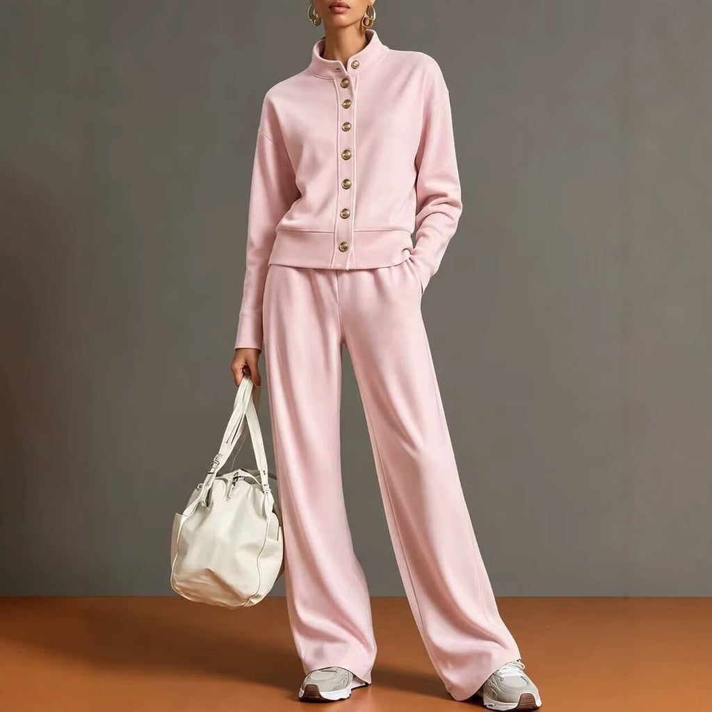 Stand-Collar Cardigan and Wide-Leg Pants Set - Polished and Comfortable