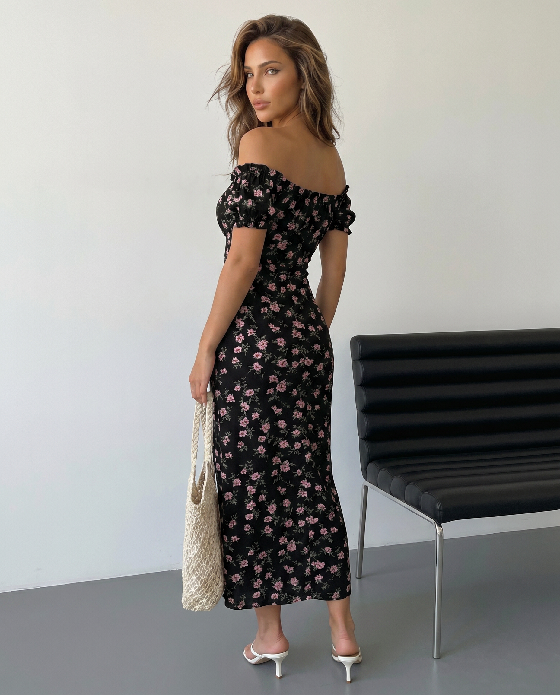Women's Floral Off Shoulder Puff Sleeve High Slit Maxi Dress - Romantic Occasion Style