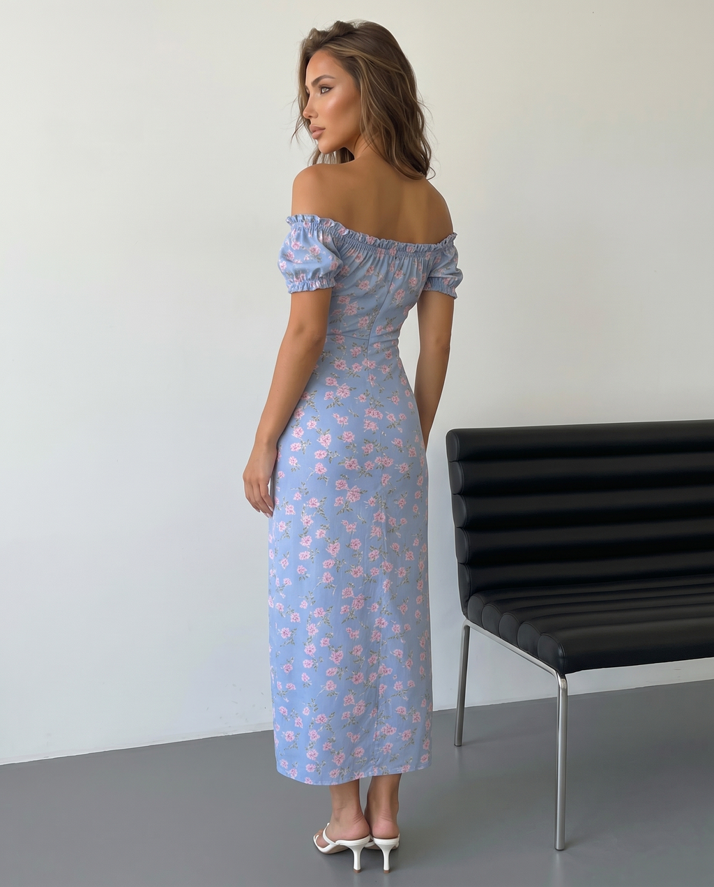 Women's Floral Off Shoulder Puff Sleeve High Slit Maxi Dress - Romantic Occasion Style