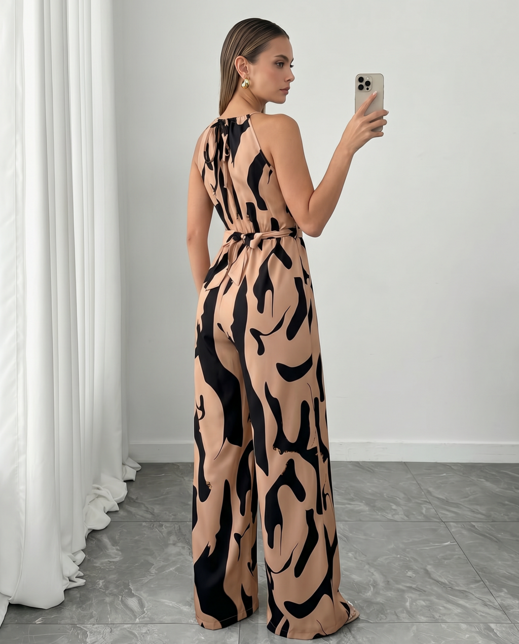 Women's Halter Neck Abstract Print Wide Leg Jumpsuit - Easy Dressy One Piece