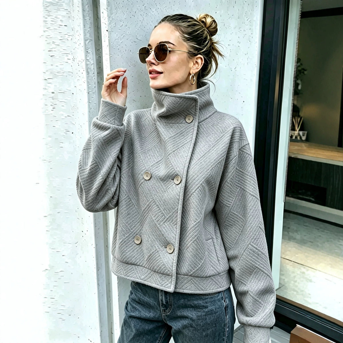 Buttoned Turtleneck Lapel Coat - Warm and Polished
