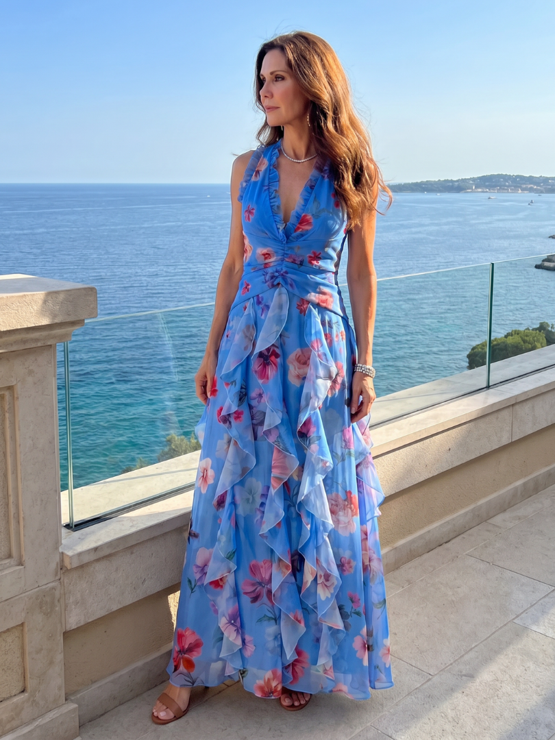 Women's Halter Neck Ruched Bodice Floral Maxi Dress - Elegant Occasion Flow