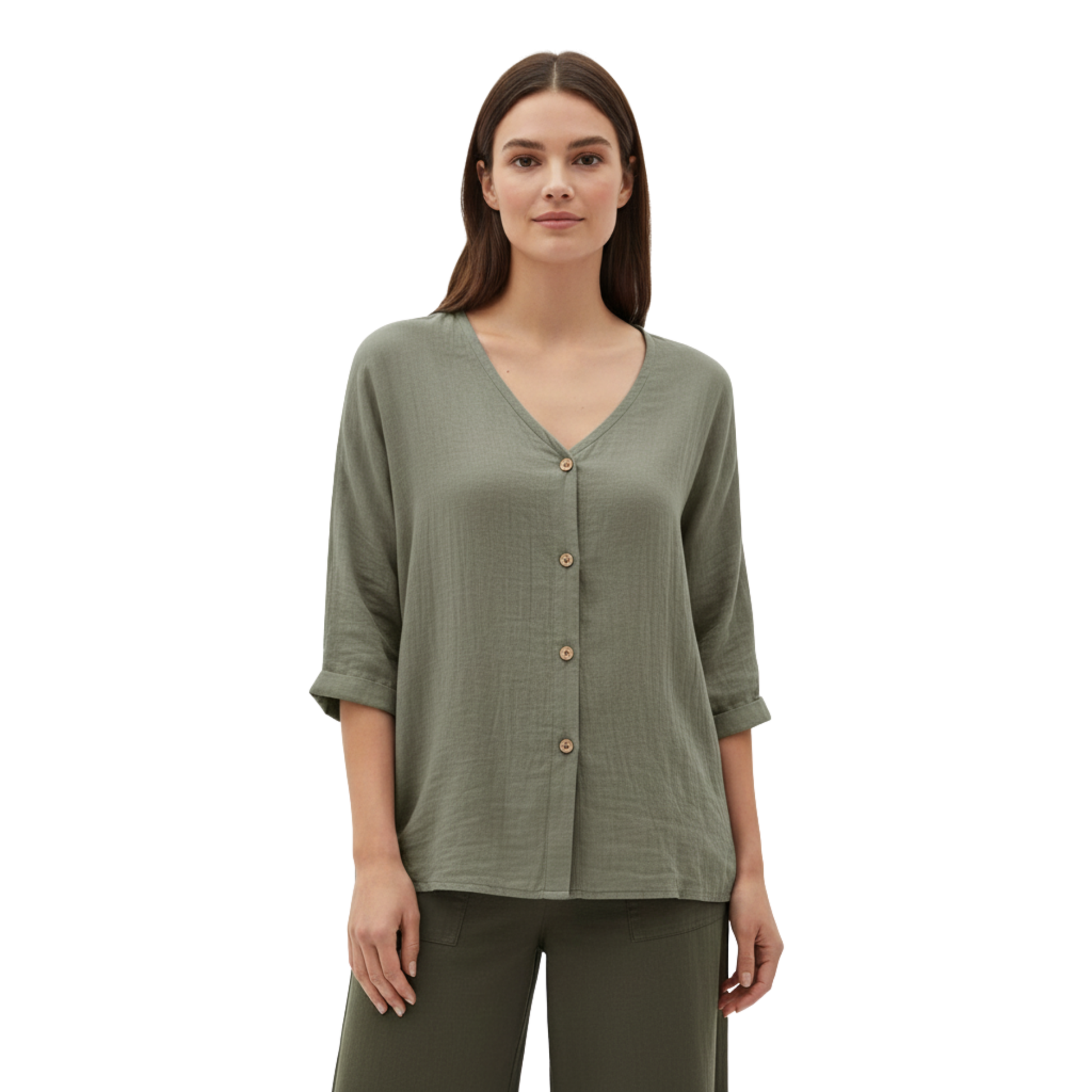 Women's V Neck Button Blouse – Linen Cotton 3/4 Sleeve Top
