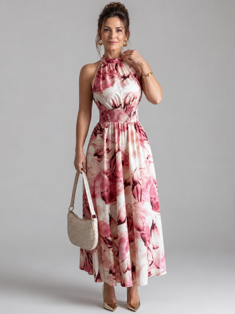 Women's Gathered Waist Abstract Print Midi Dress - Easy Polished Day Style