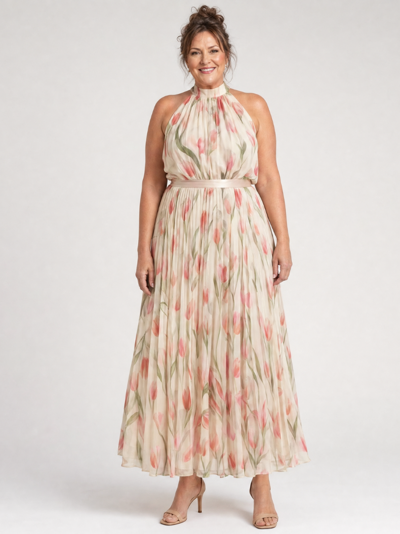 Women's Halter Neck Floral Midi Dress - Light Elegant Summer Style