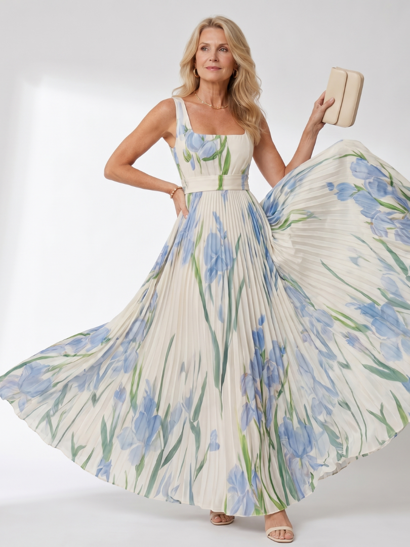 Women's Pleated Sleeveless Square Neck Midi Dress – Elegant Summer Daywear
