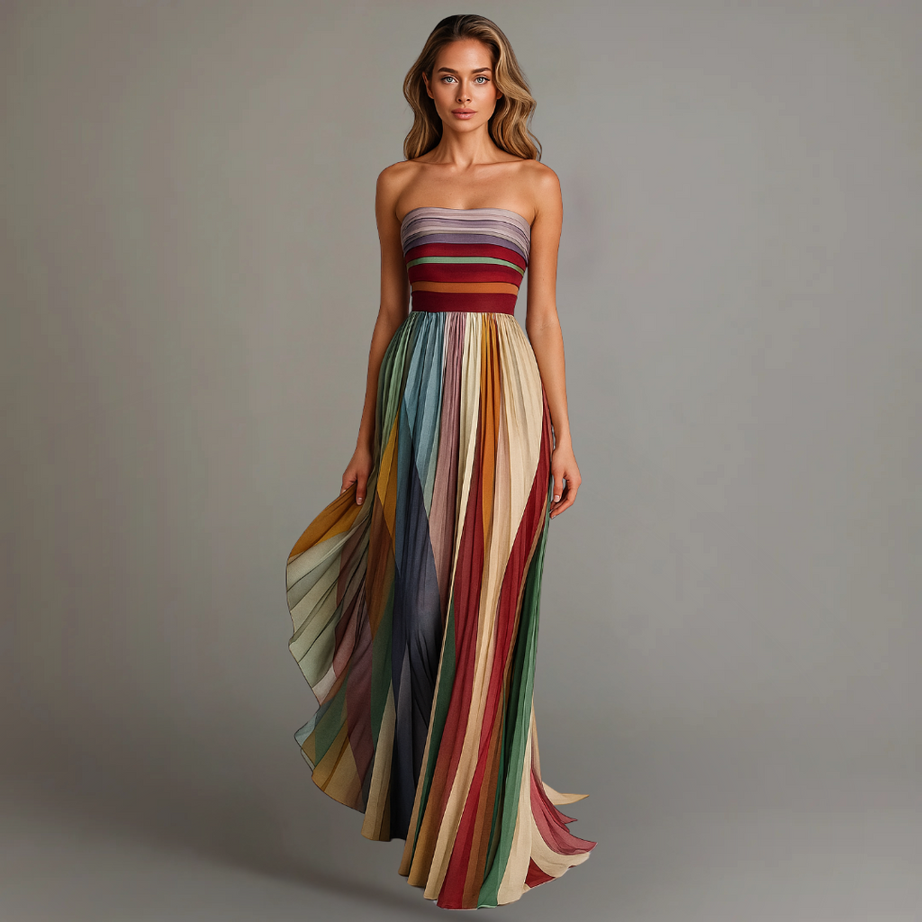 Women's Pleated Strapless Maxi Dress - Panelled Flowing Evening Dress