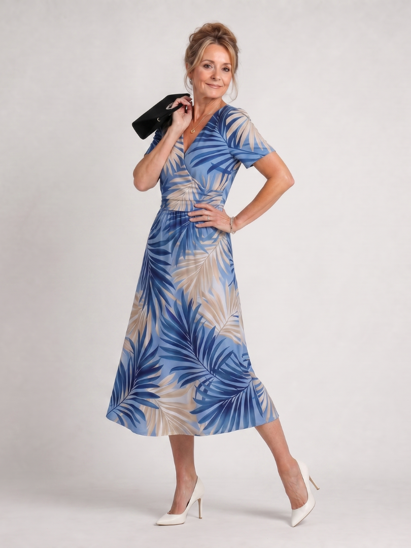 Women's Floral V-Neck Midi Dress – Short Sleeve Soft Summer Style
