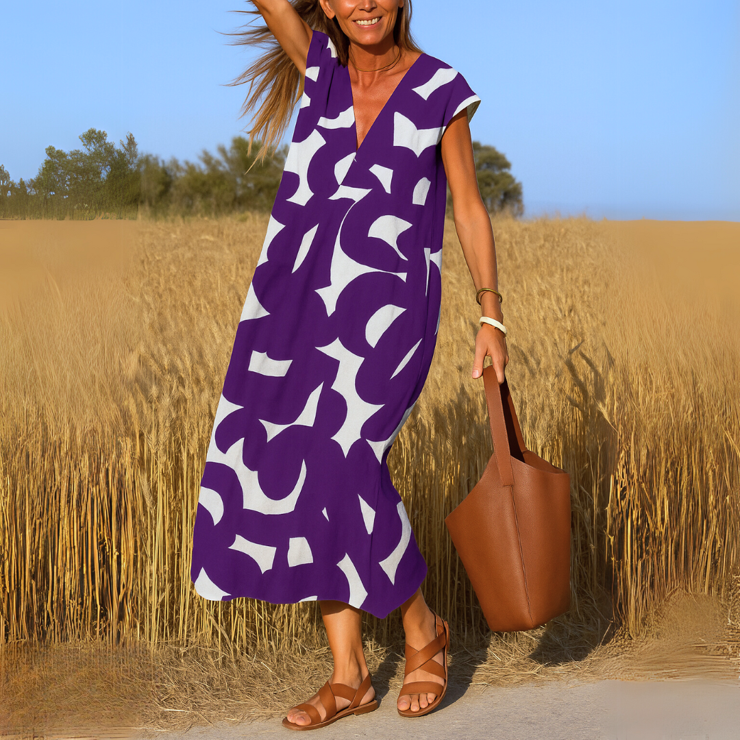 Women's Black & White Geometric Print V-Neck Cap-Sleeve Midi Dress