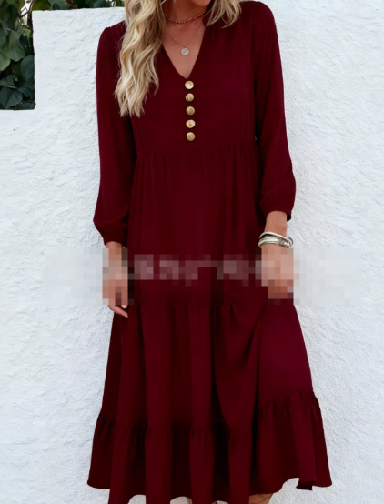 Women's Long Sleeve Midi Dress – Elegant Round Neck Day Dress