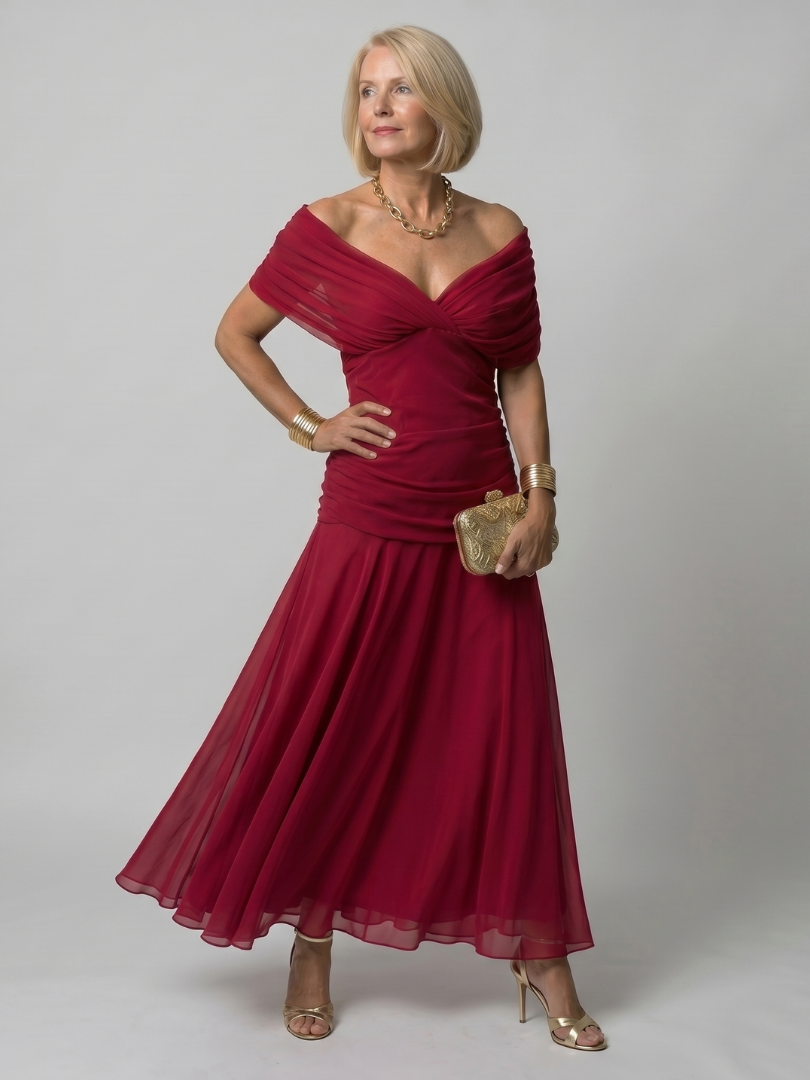 Women's Off Shoulder Flow Midi Dress - Soft Occasion Look